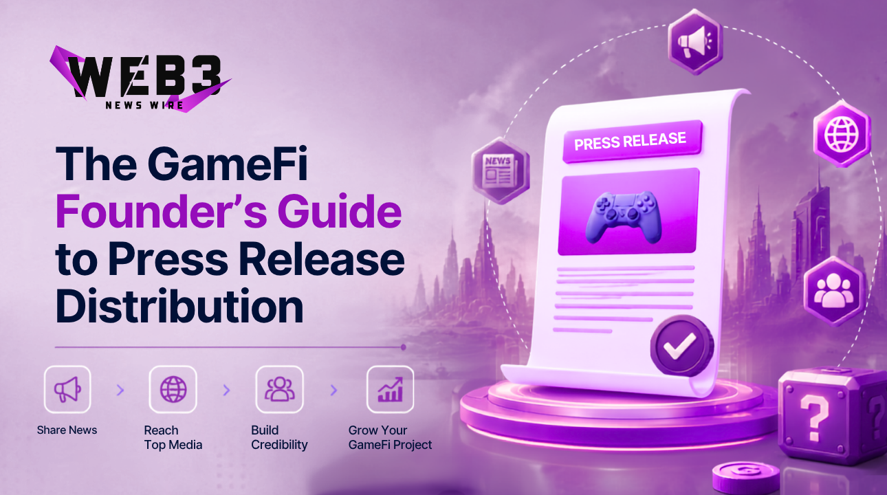 A guide cover featuring the title "GameFi Founder's Guide to Press Release Distribution" with a modern design.
