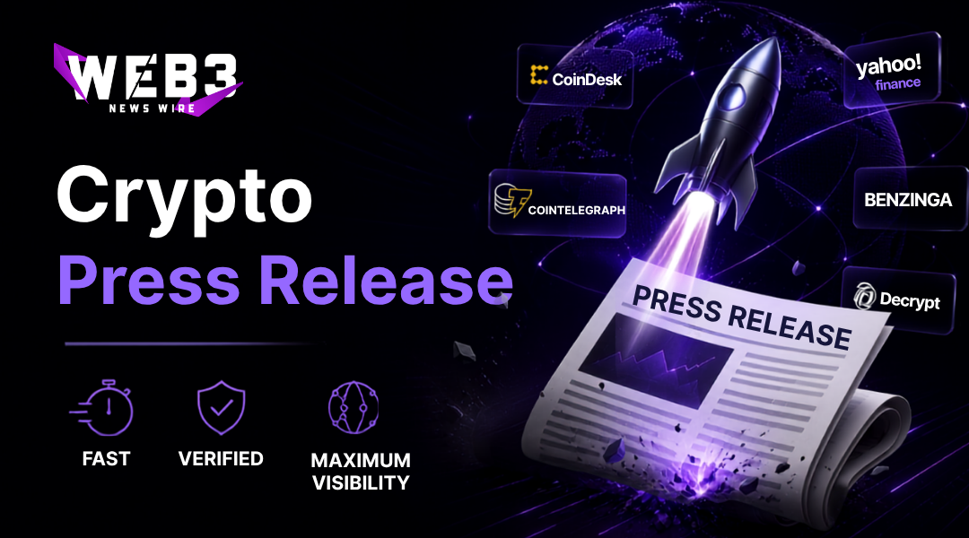 Web3 News Wire graphic announces “Crypto Press Release,” featuring a rocket, glowing newspaper, crypto media logos, and fast, verified visibility.
