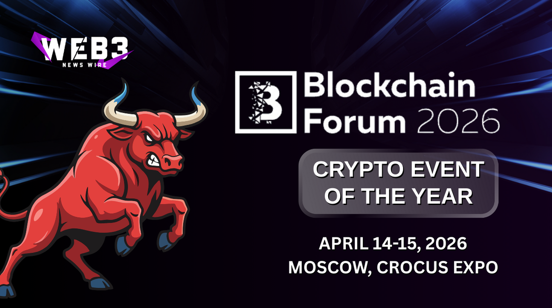 Blockchain Forum 2026 event banner featuring a fierce red bull, text highlighting 'Crypto Event of the Year,' and dates April 14-15, Moscow.