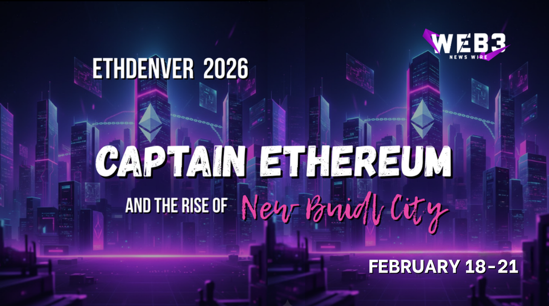Futuristic cityscape with tall, neon-lit buildings featuring Ethereum logos. Text: "ETHDenver 2026: Captain Ethereum and the Rise of New Buidl City," February 18-21. Web3 theme.