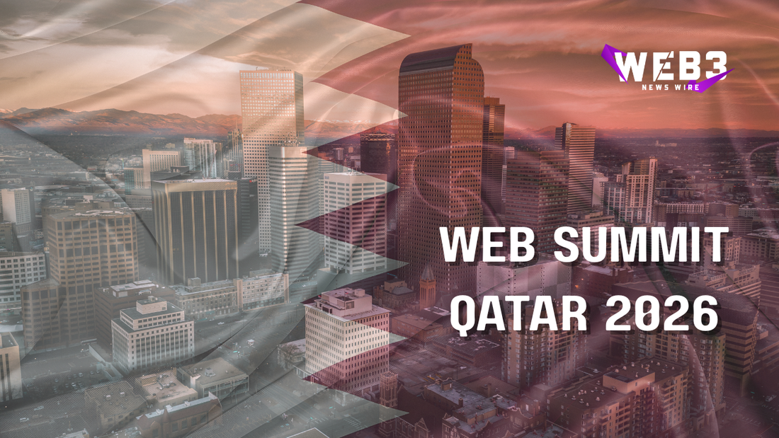 City skyline with modern skyscrapers and mountains, overlaid by Qatar’s flag. Text reads "WEB SUMMIT QATAR 2026" with a "WEB3 NEWS WIRE" logo.