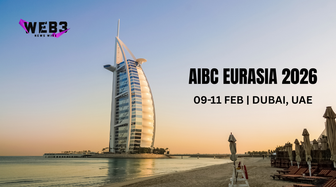 Iconic saDubai beach at sunset; text reads “WEB3,” “AIBC EURASIA 2026, 09-11 Feb, Dubai, UAE”