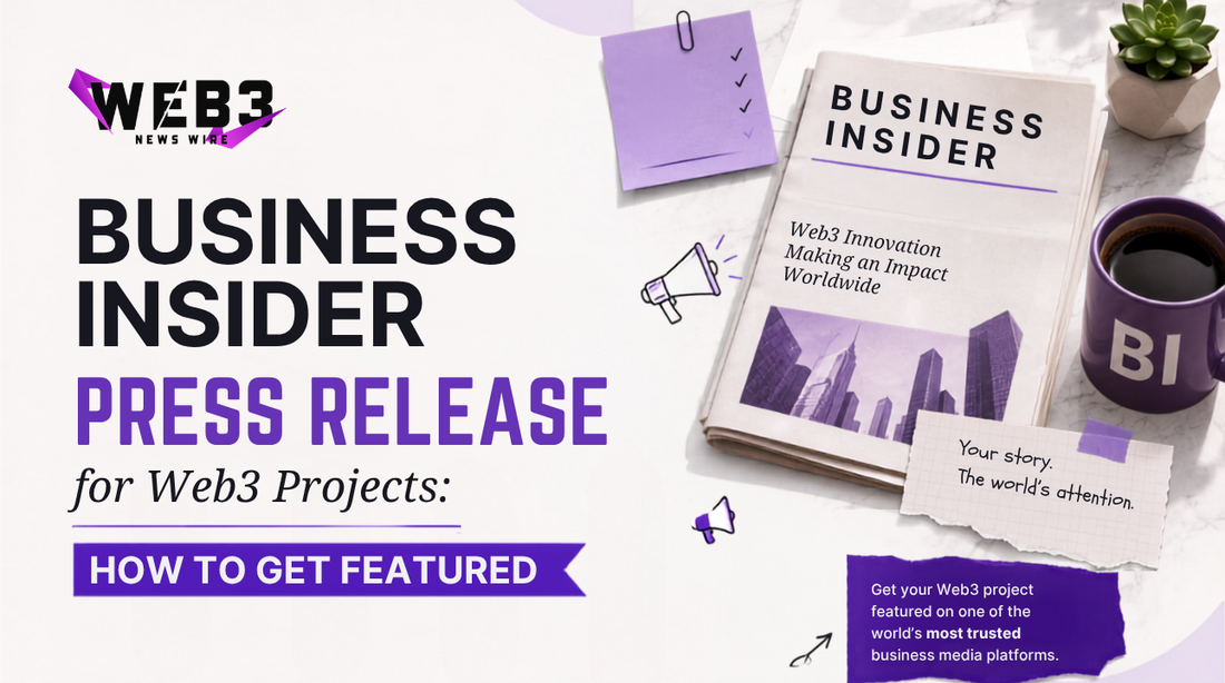 Web3 News Hub graphic promotes a Business Insider press release for Web3 projects, with newspaper, coffee, notes, and purple call-to-action.
