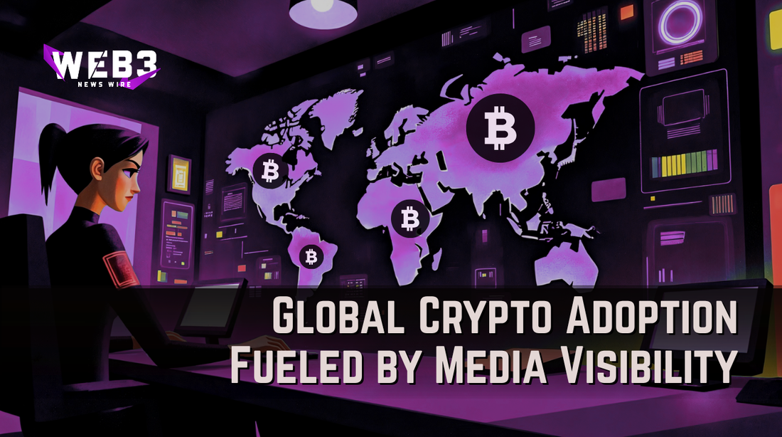 A person in a dark room monitors a map displaying Bitcoin symbols. Text overlay reads "Global Crypto Adoption Fueled by Media Visibility." The tone is futuristic.
