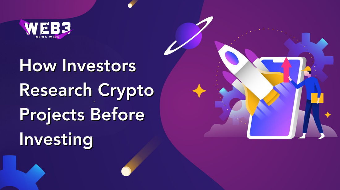 Web3 News Wire graphic showing a rocket emerging from a tablet on a purple space-themed background, representing how investors research crypto projects before investing.