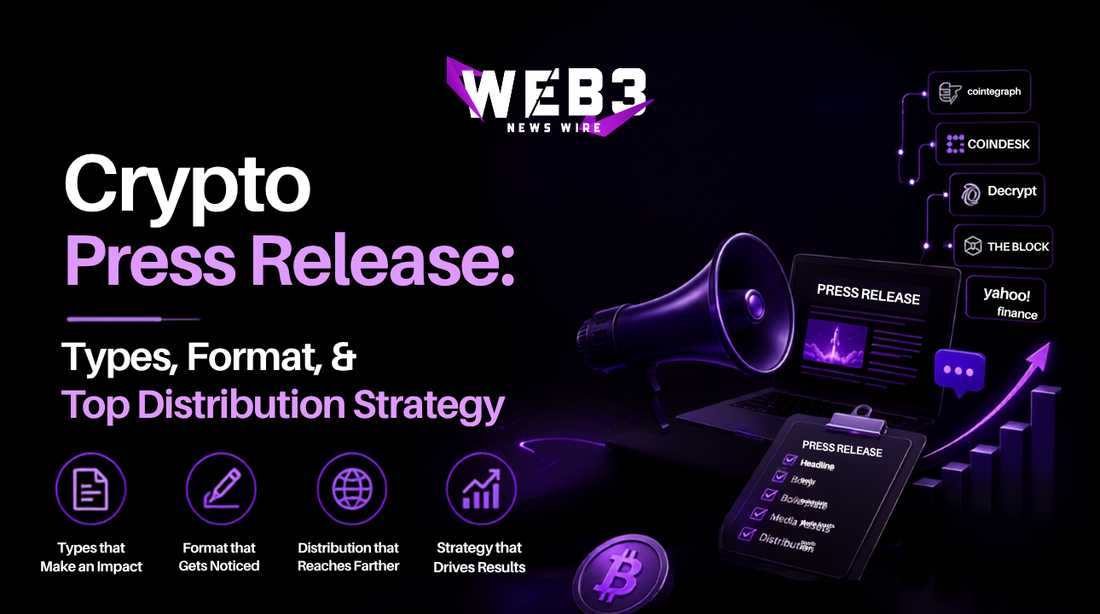 Crypto press release guide graphic with megaphone icon and major crypto platform logos on purple background.