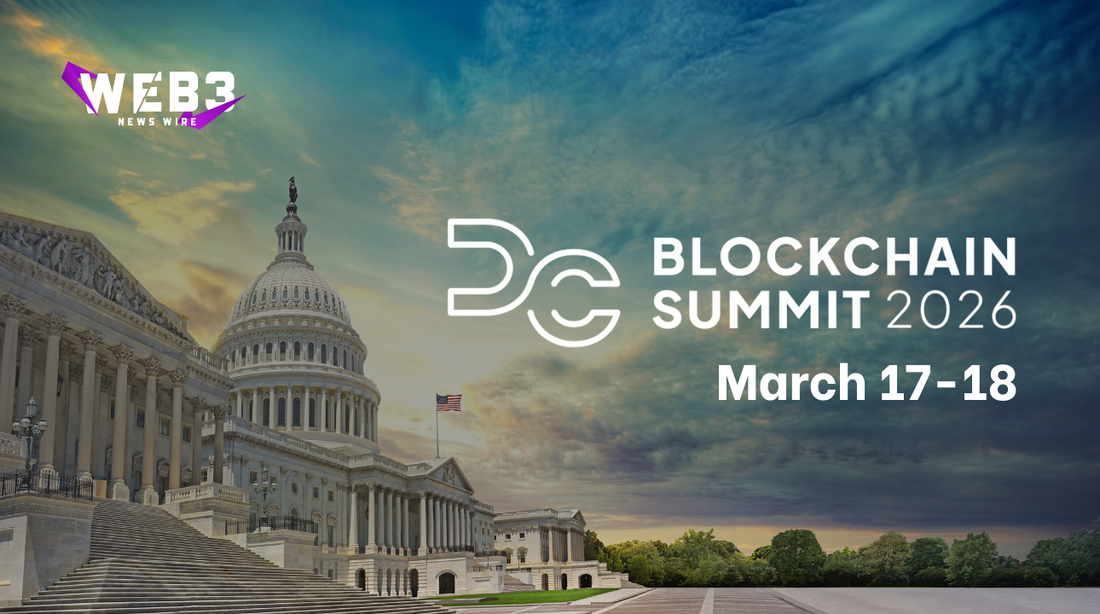 The image shows the U.S. Capitol against a dramatic sky, with text reading "Blockchain Summit 2026, March 17-18" and "WEB3 News Wire" logo.