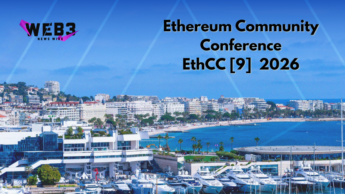 Ethereum Community Conference EthCC [9] 2026,' conveying a future tech event. Buildings, blue sky, and palm trees create a vibrant, inviting atmosphere.