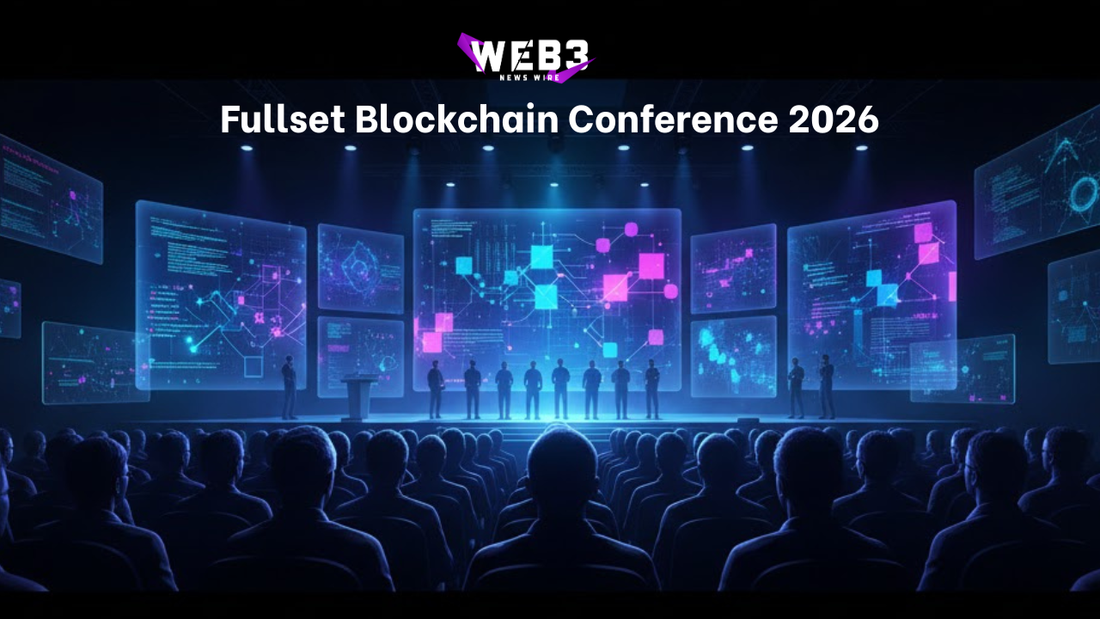 Fullset Blockchain Conference 2026 with silhouettes of speakers onstage. Large neon-lit screens display blockchain graphics, with a seated audience.