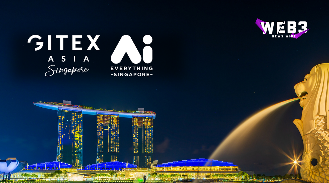 Night scene of Singapore skyline with Marina Bay Sands and Merlion. Text: GITEX Asia Singapore," "AI Everything Singapore," and "Web3 News Wire.
