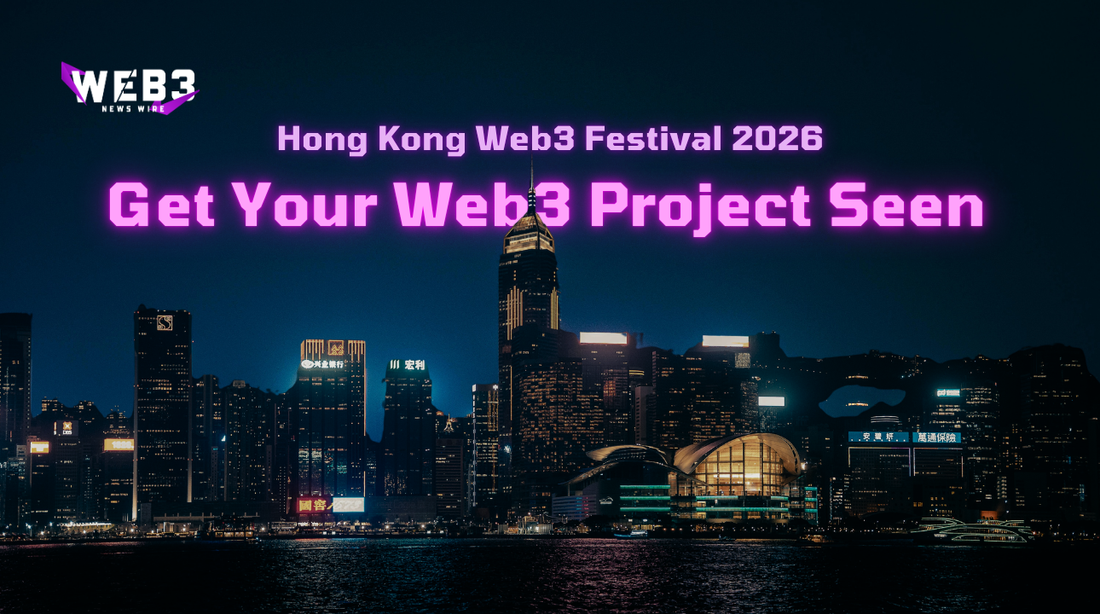 Nighttime Hong Kong skyline with skyscrapers illuminated, advertising "Hong Kong Web3 Festival 2026" in bold pink text, creating an innovative tone.