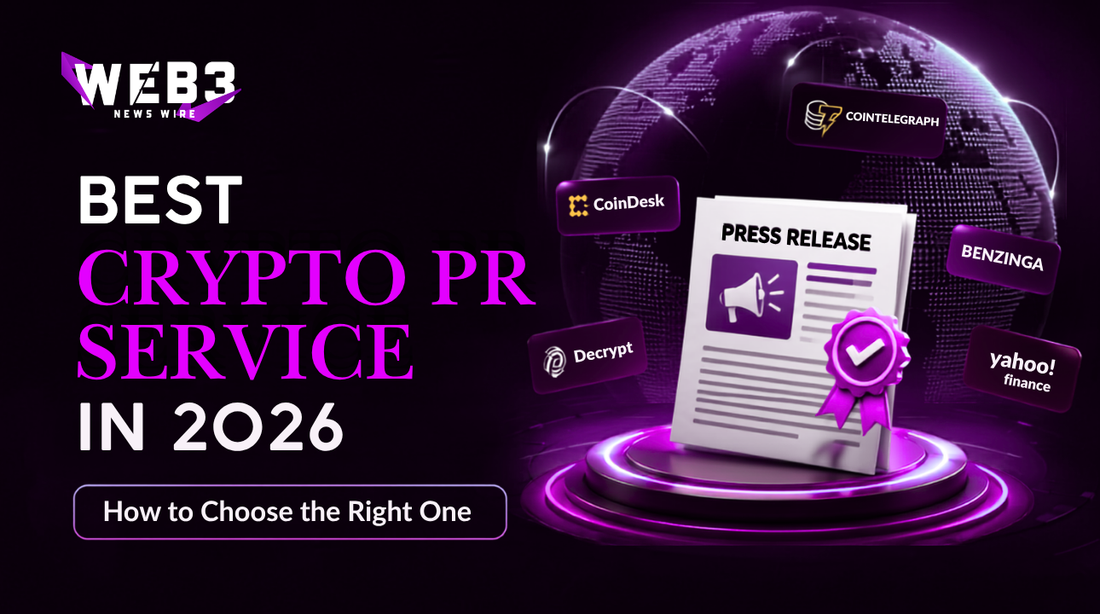 Bold text saying "Best Crypto PR Service in 2026" with a glowing purple globe and press release icon. Logos of media outlets are placed around, creating a futuristic tone.