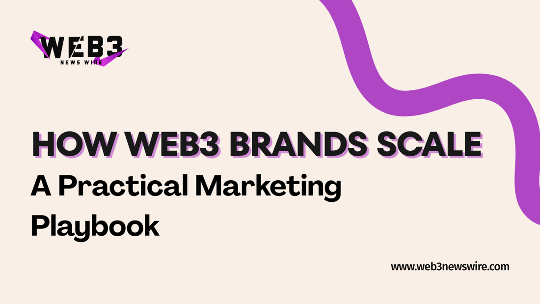  Promotional image for How Web3 Brands Scale: A Practical Marketing Playbook with bold black text on a light background with purple wavy accents. URL at the bottom right