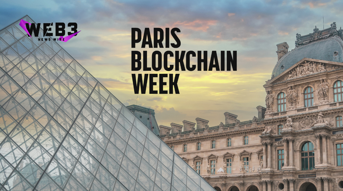 Image of the Louvre Pyramid with a historic building in the background at sunset. Text overlay reads 'Paris Blockchain Week' and 'Web3 News Wire' logo