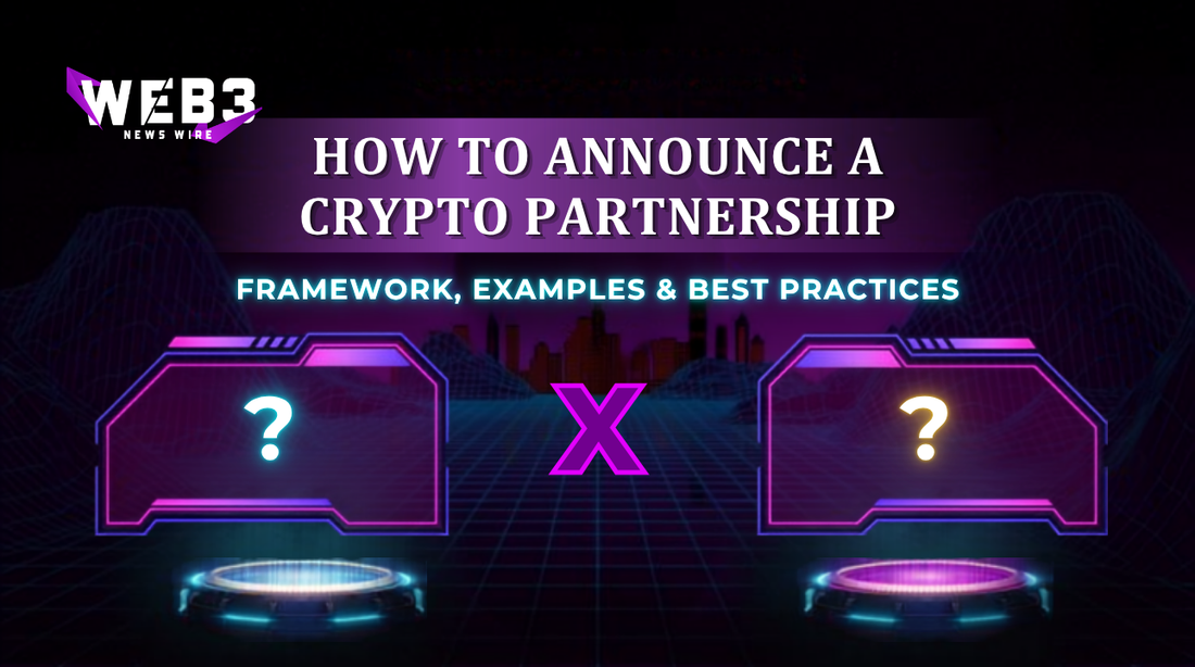 Two glowing platforms connected by an X symbol over a digital cityscape grid, illustrating 'How to Announce a Crypto Partnership: Framework, Examples & Best Practices