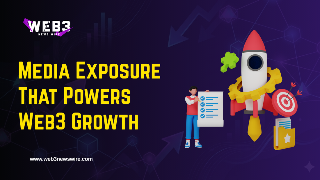 Web3 News Wire graphic with a rocket, target, and checklist, symbolizing growth and strategy. Text reads 'Media Exposure That Powers Web3 Growth.