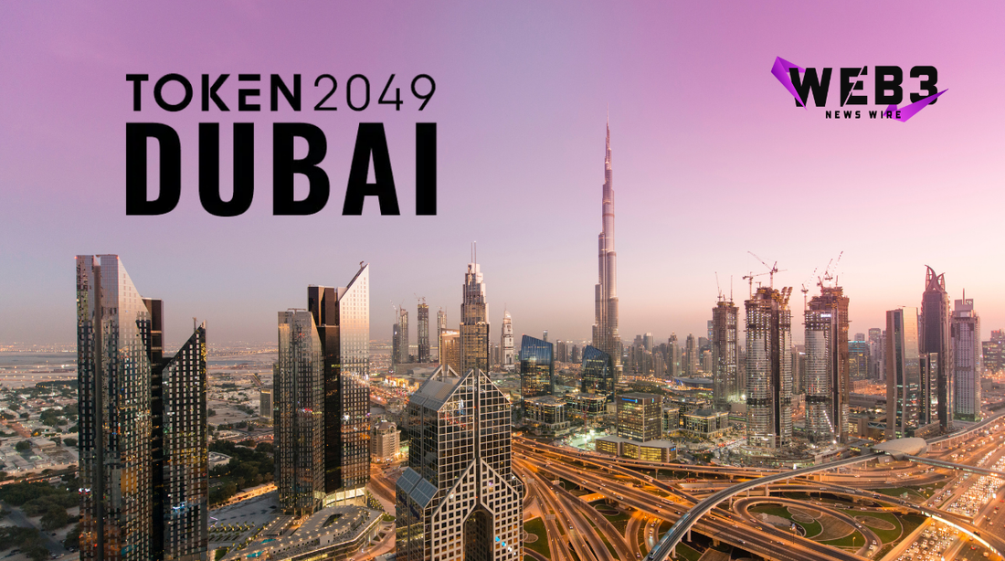 Skyline of Dubai at sunset with skyscrapers and highways. "TOKEN 2049 DUBAI" and "WEB3 NEWS" logos are visible, creating a modern, dynamic atmosphere.