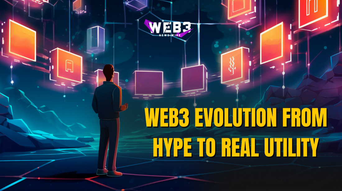 A person stands in a futuristic digital landscape, surrounded by floating, glowing geometric shapes. Text reads, “Web3 Evolution from Hype to Real Utility."