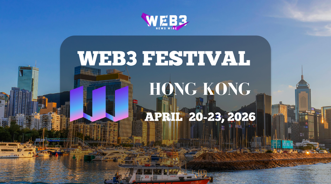 Skyline view of Hong Kong's harbor at sunset with boats and modern skyscrapers. Overlay text reads "Web3 Festival, Hong Kong, April 20-23, 2026."